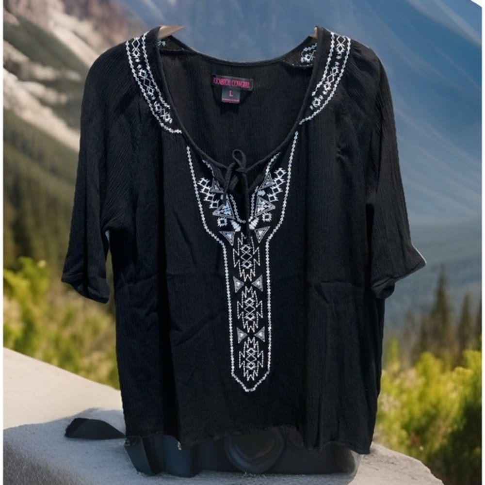Rock & Roll Cowgirl Boho Top Black Rayon White Embroidered Made In TX Womens L